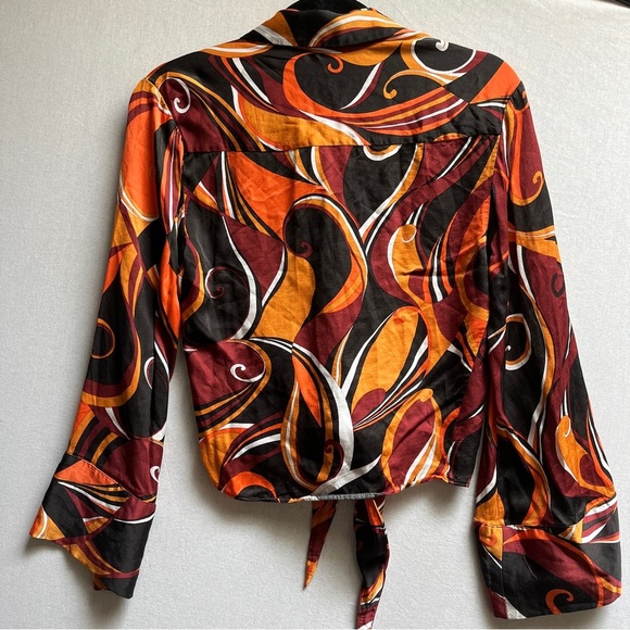 Zara Disco Multicolor Abstract Print Bell Sleeve knot Blouse Sz XS - Picture 3 of 9